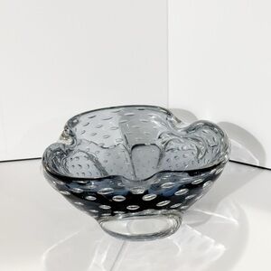 Vtg. Murano Controlled Bubble Art Glass Bowl Dish Bullicante Ruffled blue Clear
